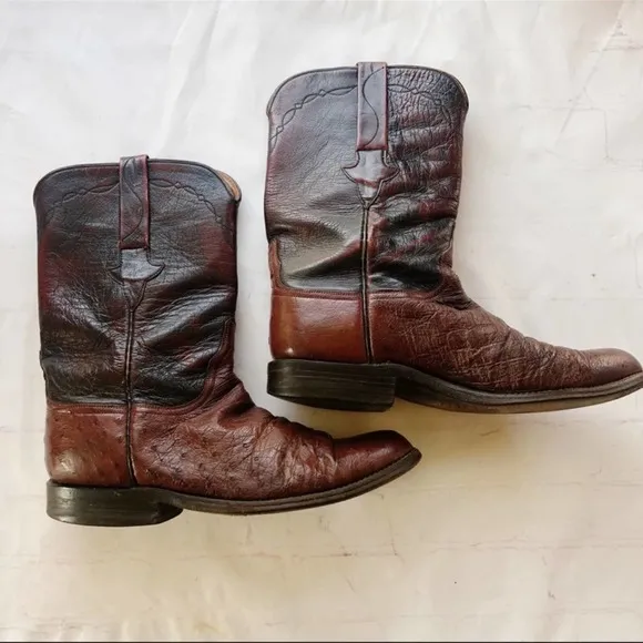 [Lucchese] brown ostrich leather roper western cowboy boot size 9B extra narrow
