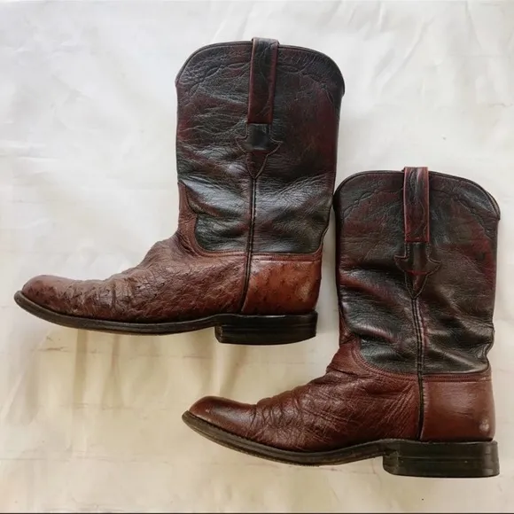 [Lucchese] brown ostrich leather roper western cowboy boot size 9B extra narrow