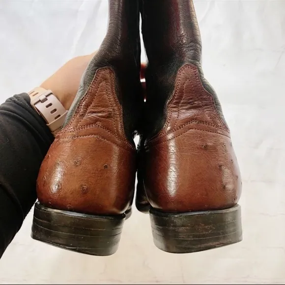 [Lucchese] brown ostrich leather roper western cowboy boot size 9B extra narrow