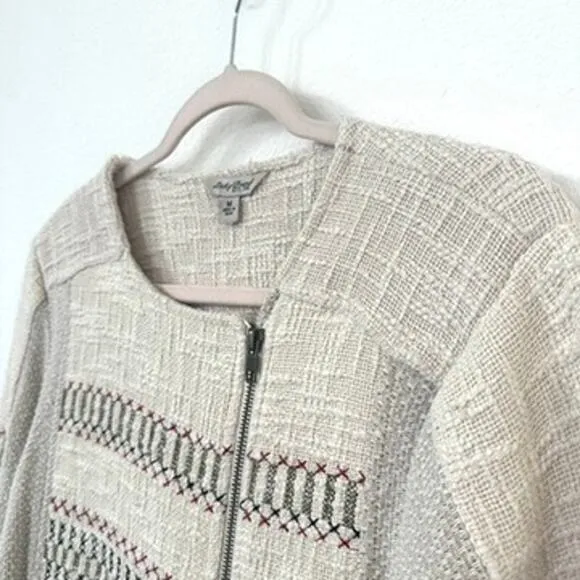 Lucky Brand Embroidered Zip Jacket Beige Boho Indie Textured Cotton M Vintage