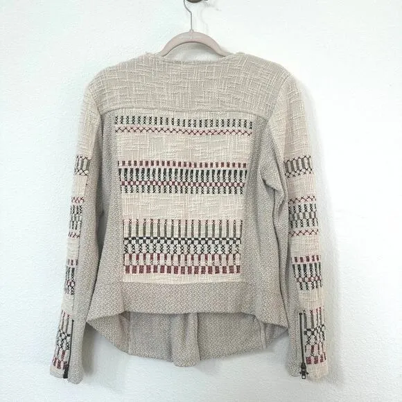 Lucky Brand Embroidered Zip Jacket Beige Boho Indie Textured Cotton M Vintage