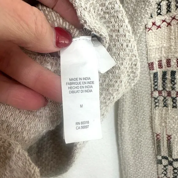 Lucky Brand Embroidered Zip Jacket Beige Boho Indie Textured Cotton M Vintage