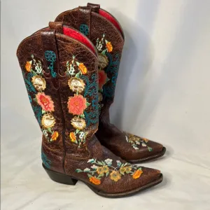 Macie Bean Embroidered Brown Cowboy Boots Western Women 7.5 Rose Garden