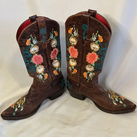 Macie Bean Embroidered Brown Cowboy Boots Western Women 7.5 Rose Garden