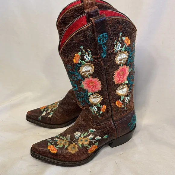 Macie Bean Embroidered Brown Cowboy Boots Western Women 7.5 Rose Garden