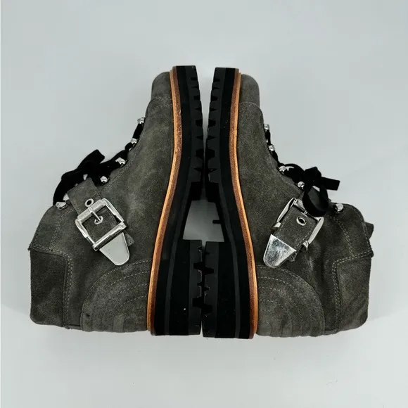 Marc Fisher Gray Suede Indre Lace Up Buckle Hiker Boots Chunky Lug Sole