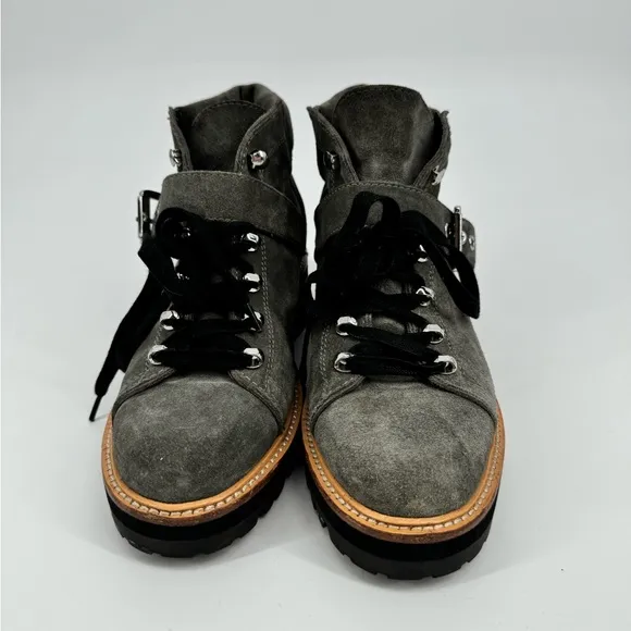 Marc Fisher Gray Suede Indre Lace Up Buckle Hiker Boots Chunky Lug Sole
