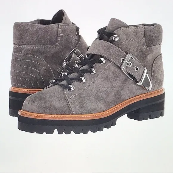 Marc Fisher Gray Suede Indre Lace Up Buckle Hiker Boots Chunky Lug Sole