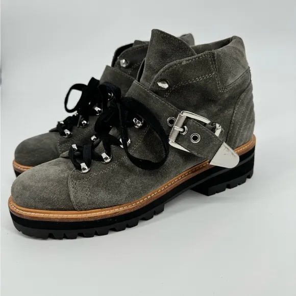 Marc Fisher Gray Suede Indre Lace Up Buckle Hiker Boots Chunky Lug Sole