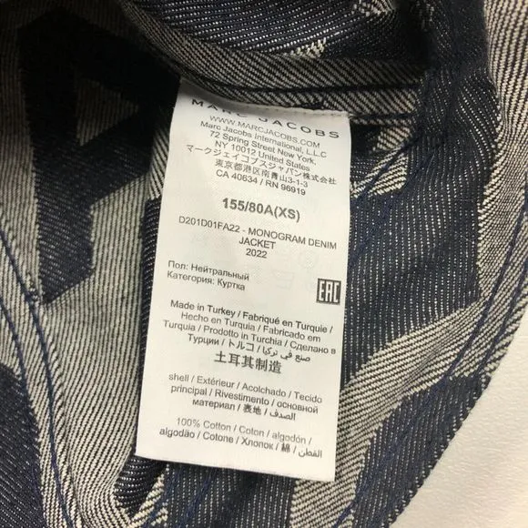 Marc Jacobs Monogram Denim Jacket Size XS Dark Blue Designer B32