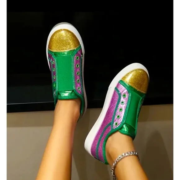 Mardi Gras Purple, Green and Gold Glitter Slip On Sneakers