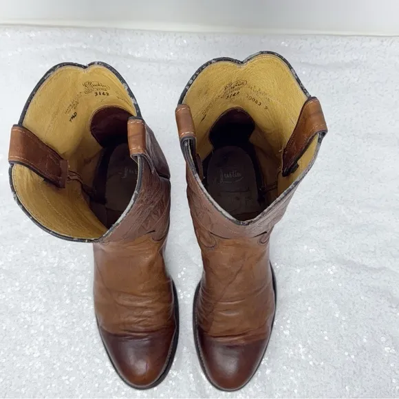 Men’s Justin USA Brown Leather Round Toe western Roper Cowboy boots 91/2D