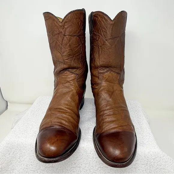 Men’s Justin USA Brown Leather Round Toe western Roper Cowboy boots 91/2D