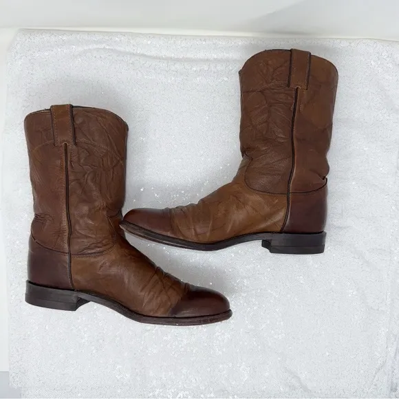 Men’s Justin USA Brown Leather Round Toe western Roper Cowboy boots 91/2D