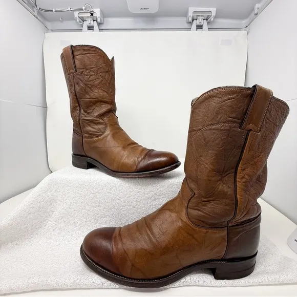 Men’s Justin USA Brown Leather Round Toe western Roper Cowboy boots 91/2D