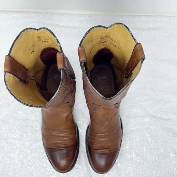 Men’s Justin USA Brown Leather Round Toe western Roper Cowboy boots 91/2D