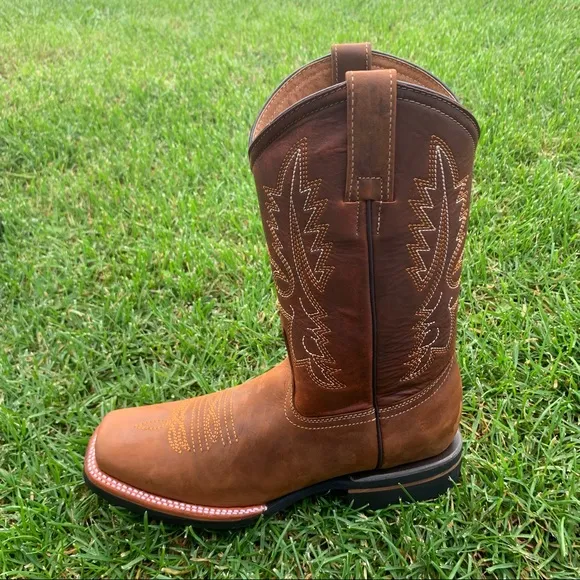 Men’s Western Rodeo Cowboy square toe Genuine cowhide Leather boots Tan 387