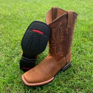 Men’s Western Rodeo Cowboy square toe Genuine cowhide Leather boots Tan 387