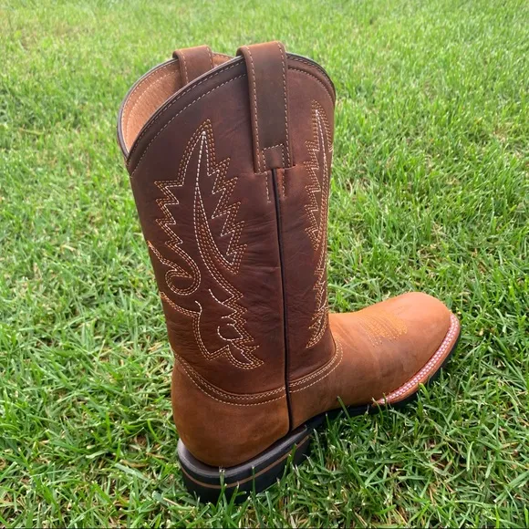 Men’s Western Rodeo Cowboy square toe Genuine cowhide Leather boots Tan 387