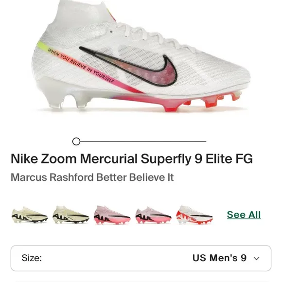 —MERCURIAL SUPERFLY 9 ELITE FGMARCUS RASHFORD SOCCER CLEATS