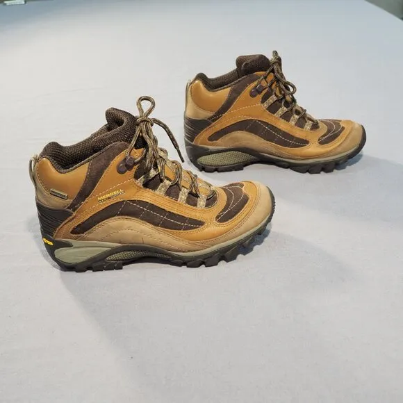Merrell Boots Women 7 Brown Leather Ankle Vibrum Hiking Shoes Waterproof Outdoor