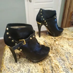 MICHAEL KORS Ailee Studded Black Platform Leather Open Toe Heels Shoes 7.5