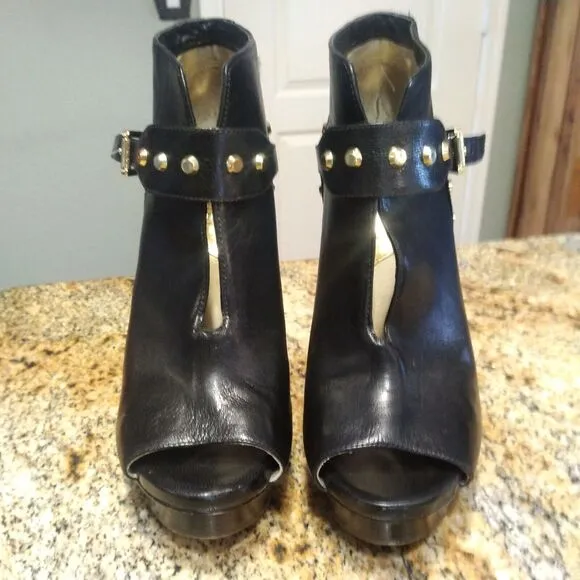 MICHAEL KORS Ailee Studded Black Platform Leather Open Toe Heels Shoes 7.5
