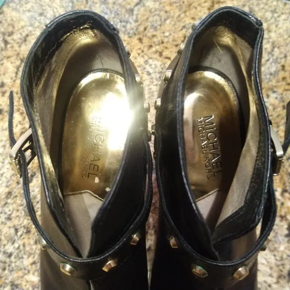 MICHAEL KORS Ailee Studded Black Platform Leather Open Toe Heels Shoes 7.5