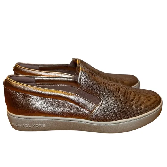 Michael Kors Slip-On Sneakers Women's 6.5M Metallic Bronze Leather MK Logo