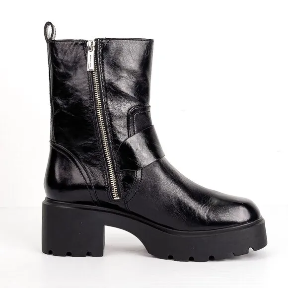 Michael Kors Women Perry Black Patent Leather MK Festival Moto Boots sz 8.5