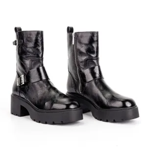 Michael Kors Women Perry Black Patent Leather MK Festival Moto Boots sz 8.5