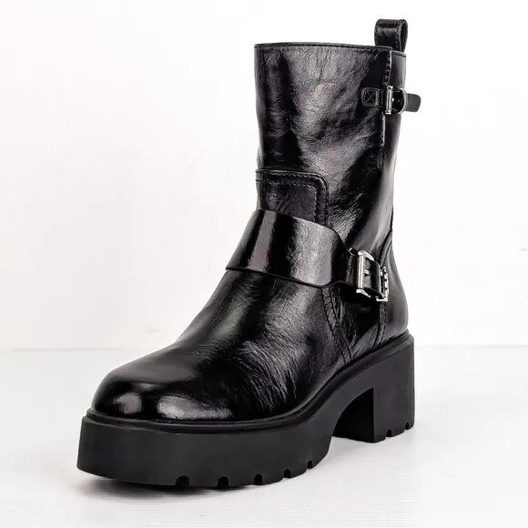 Michael Kors Women Perry Black Patent Leather MK Festival Moto Boots sz 8.5