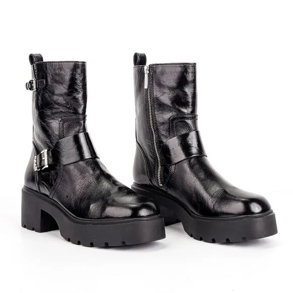 Michael Kors Women Perry Black Patent Leather MK Festival Moto Boots sz 8.5