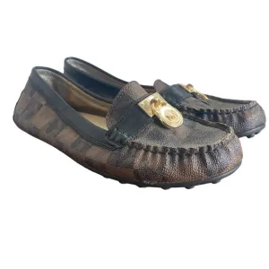 Michael Michael Kors Signature Brown &amp; Black Slip On Loafers Gold Lock, 7.5M
