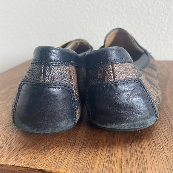 Michael Michael Kors Signature Brown &amp; Black Slip On Loafers Gold Lock, 7.5M