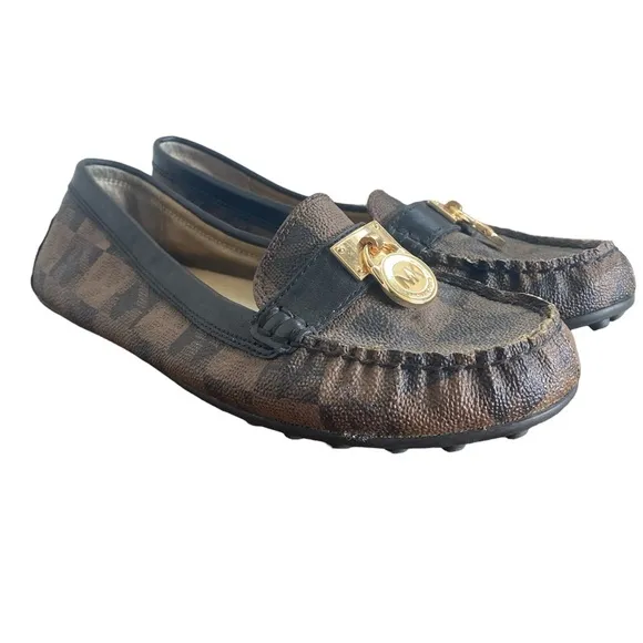 Michael Michael Kors Signature Brown &amp; Black Slip On Loafers Gold Lock, 7.5M