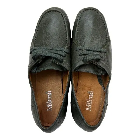 Mileno Womens Leather Lace Up Round Toe Loafer Comfort Shoes Olive Green Size 38