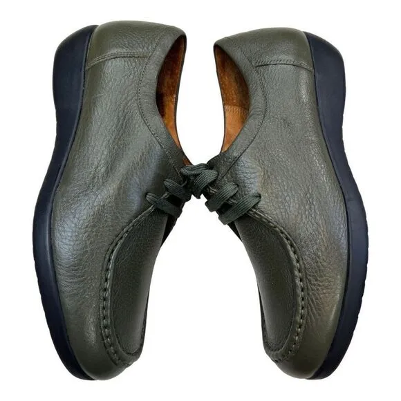 Mileno Womens Leather Lace Up Round Toe Loafer Comfort Shoes Olive Green Size 38