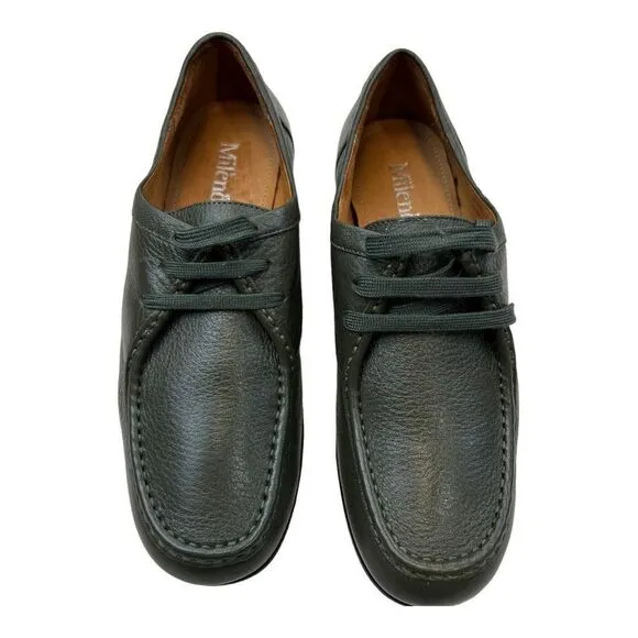 Mileno Womens Leather Lace Up Round Toe Loafer Comfort Shoes Olive Green Size 38