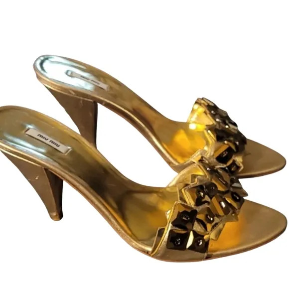 MIU MIU | Gold Mini Heel Slip On Shoes Size EU 36.5