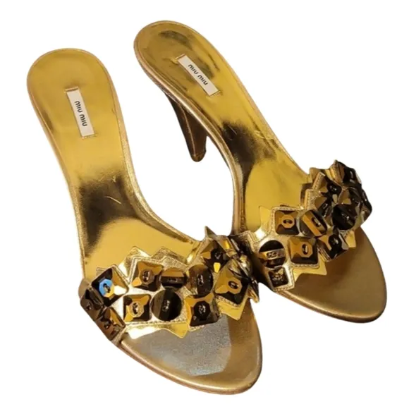 MIU MIU | Gold Mini Heel Slip On Shoes Size EU 36.5