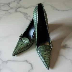 Miu Miu Green Embossed Pointed Toe Leather Pumps