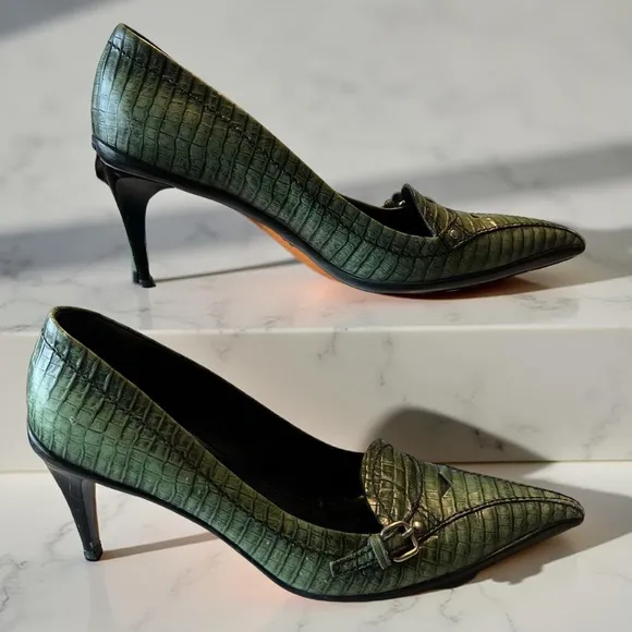 Miu Miu Green Embossed Pointed Toe Leather Pumps