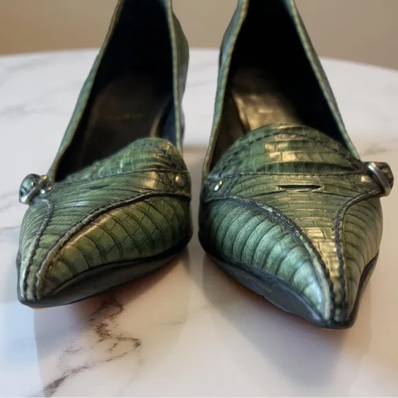 Miu Miu Green Embossed Pointed Toe Leather Pumps