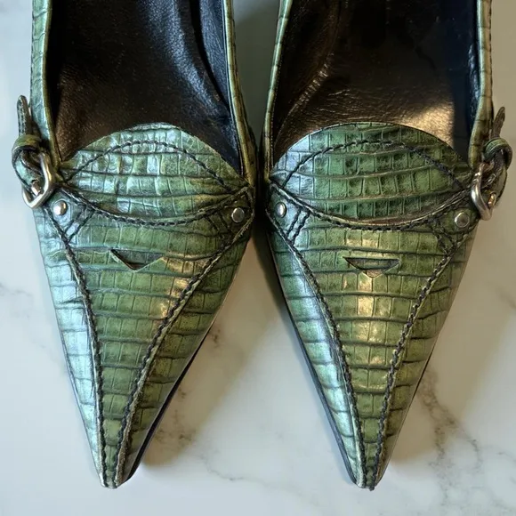 Miu Miu Green Embossed Pointed Toe Leather Pumps