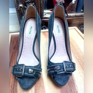 MIU MIU PUMPS HIGH HEELS PEEP TOE SHOES denim buckle by PRADA