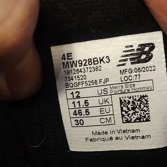 New Balance 928 V3 MW928BK3 Black Leather Casual Shoes Sneakers Men's US 12 EUC