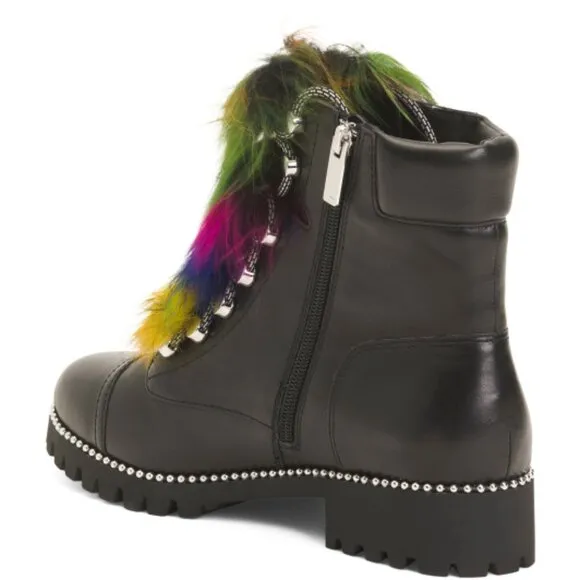 NEW CECELIA NEW YORK Leather Trekker Boots black multi for women 864TN
