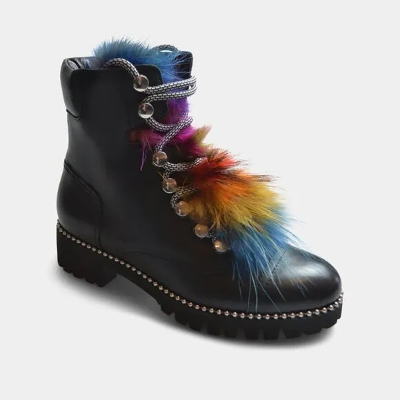 NEW CECELIA NEW YORK Leather Trekker Boots black multi for women 864TN