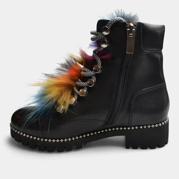 NEW CECELIA NEW YORK Leather Trekker Boots black multi for women 864TN